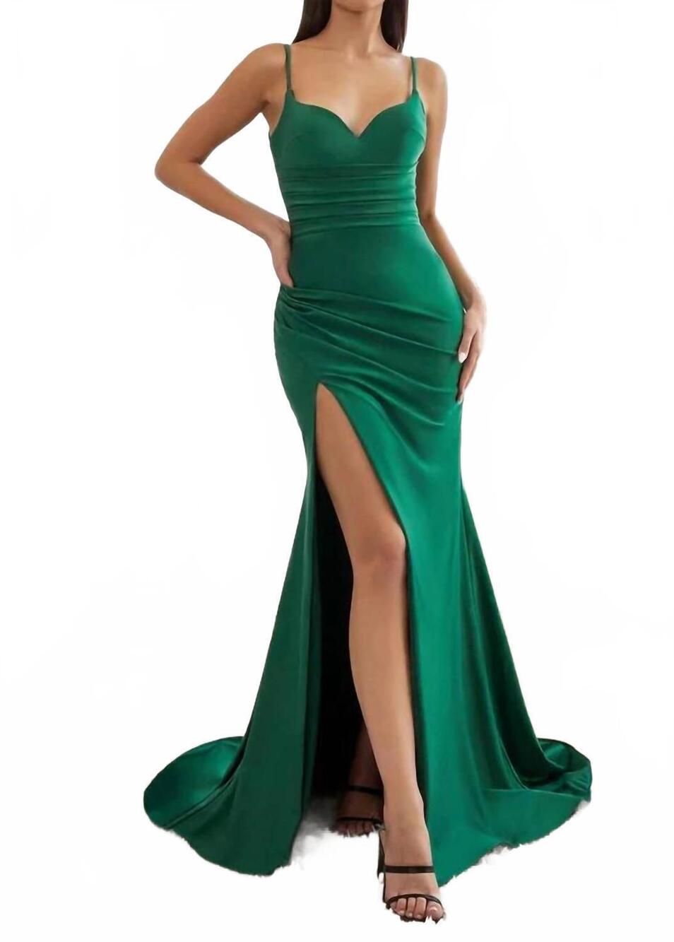 NEW LADIVINE ruched side slit gown in emerald green